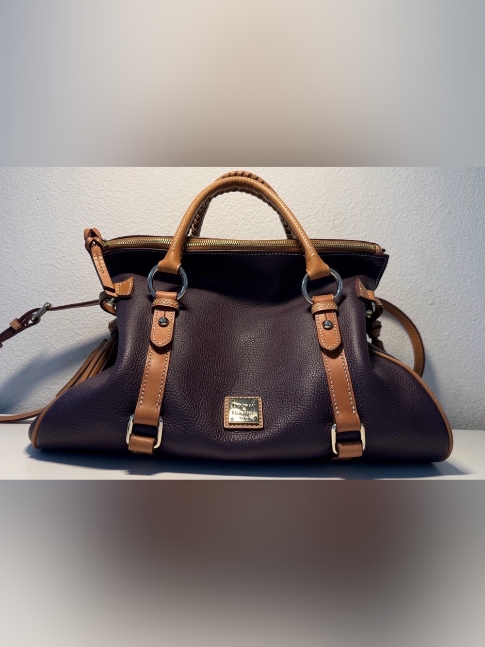 Dooney & Bourke Brown Pebble Leather Satchel with Tan Trim